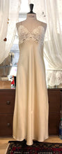 Load image into Gallery viewer, Full length, heavy weight pure silk satin nightdress with delicate contrasting embroidered lace coveing the entire bust. Spaghetti straps, with a V neck style. The skirt is full length and cut on the bias for full movement. It has a lace trimmed side slit for ease of movement.  100% Pure Silk Satin Made in Italy Machine washable
