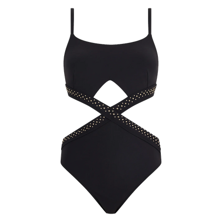 Black swimsuit with cut out details and studded feature on a white background