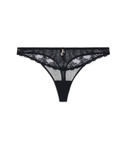 Load image into Gallery viewer, Black lace and mesh thong underwear with a small gold-tone decorative charm at the center front, displayed flat against a solid white background.
