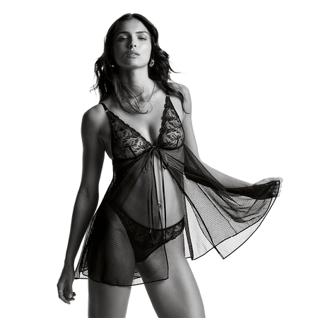 A black sheer lingerie set with a lace bralette, matching lace panties, and a long open-front mesh cover-up, shown on a model against a white background.