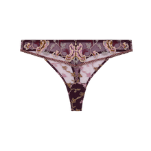 Load image into Gallery viewer, A pair of women's g/string underwear featuring a dark purple and pink embroidered floral pattern with gold accents, a decorative embroidered waistband, and a small gold central charm, shown against a plain white background.
