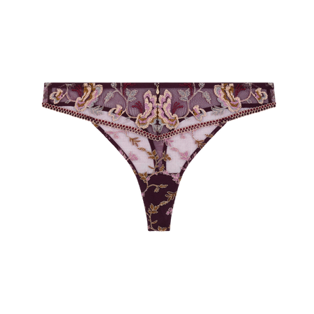 A pair of women's g/string underwear featuring a dark purple and pink embroidered floral pattern with gold accents, a decorative embroidered waistband, and a small gold central charm, shown against a plain white background.