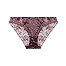 Load image into Gallery viewer, A pair of women's lace panties featuring a floral and vine embroidery in dusty purple, pink, and gold, with a beaded trim along the edges, shown against a plain white background.
