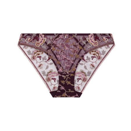 A pair of women's lace panties featuring a floral and vine embroidery in dusty purple, pink, and gold, with a beaded trim along the edges, shown against a plain white background.