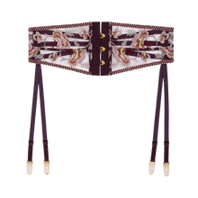 Load image into Gallery viewer, A garter belt with an embroidered floral pattern in burgundy, gold, and white, paired with matching burgundy suspenders featuring gold-toned metal hardware.

