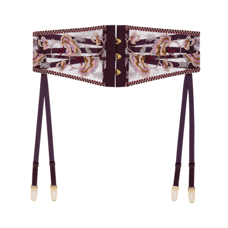 A garter belt with an embroidered floral pattern in burgundy, gold, and white, paired with matching burgundy suspenders featuring gold-toned metal hardware.