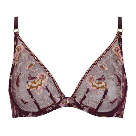 A sheer lace bra in deep burgundy with intricate floral embroidery in gold, pink, and purple, featuring gold-tone ring hardware at the straps.