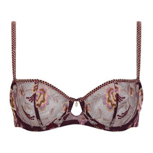 Load image into Gallery viewer, An underwire bra with intricate floral embroidery and sheer mesh panels in shades of burgundy, gold, and pink, featuring patterned straps and a small central cutout.
