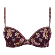 Load image into Gallery viewer, A formed underwire bra in deep burgundy with an intricate floral embroidery in gold, pink, and green, featuring a decorative chain-link trim along the cups and straps.
