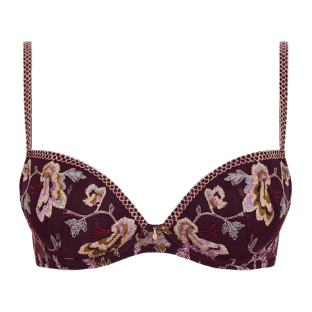 A formed underwire bra in deep burgundy with an intricate floral embroidery in gold, pink, and green, featuring a decorative chain-link trim along the cups and straps.