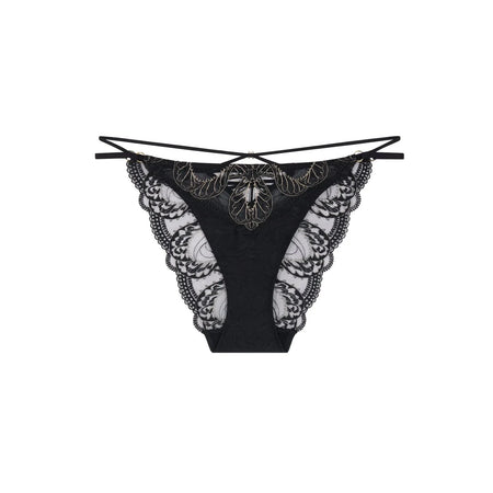 Black lace thong underwear with sheer floral lace panels and thin adjustable waist straps, shown flat against a white background.