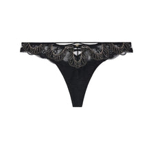Load image into Gallery viewer, Black lace thong with a wide decorative lace waistband featuring gold embroidered leaf patterns and a small gold heart detail at the center front, shown on a plain white background.
