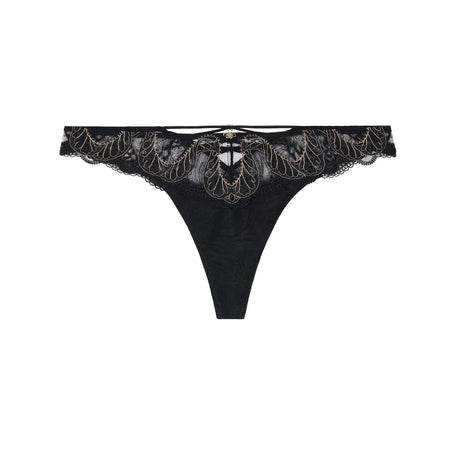 Black lace thong with a wide decorative lace waistband featuring gold embroidered leaf patterns and a small gold heart detail at the center front, shown on a plain white background.