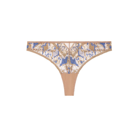 Beige embroidered g/string with intricate blue and bronze geometric patterns. The delicate, sheer fabric conveys elegance and sophistication against a white background.