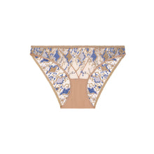 Load image into Gallery viewer, Lacy beige panties with geometric blue and bronze French embroidery. The design features diamond shapes and delicate tulle, offering an elegant, feminine touch.
