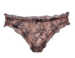 This is a stunning Babydoll set in floaty chiffon. The top is attached at the neck with a jewelled detail. The back is completely open. The light chiffon fabric has a pattern of map scenes of old Paris, always the city of love!
The briefs have a frilled edge and are bikini style.
The top is one size, the briefs are sized.
Made in France.
