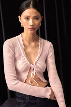 Load image into Gallery viewer, Rose Wool/Silk very pretty and light bedjacket. Made from a delicate ajouré rib knit in a fabric blend of extra fine Merino wool &amp; pure silk. This bed jacket is elegant, fashionable and casual all at once. Perfect as nightwear, leisure wear or outerwear. 
Fabric Content: 70% Wool 30% Silk.
All Oscalito wool is certified mulesing free.
All Oscalito SILK is Certified GOTs
Machine washable

