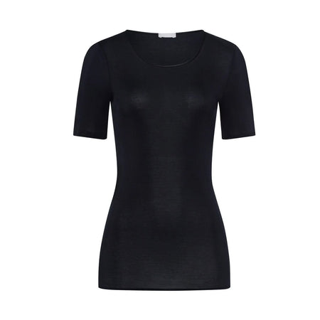 A black seamless cotton T-Shirt style top. It has a short sleeves and a round neck.