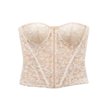 Load image into Gallery viewer, image of a sheer off white floral lace corset with structured cups, front zipper closure. cups are not sheer.

