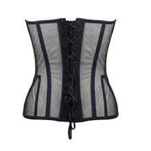 Load image into Gallery viewer, Black corset with sheer panels on a white background, cups are not see thought - bak is lace up, zip on the side.
