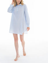 Load image into Gallery viewer, Short (87cm) nightshirt style nightgown. Button collar and cuffs. Lace detail on the shirt collar. Flared skirt for ease of movement when sleeping. Made in Germany from the finest pure Swiss cotton, Celestine nightdresses are diaphanous, offering perfect sleep without heaviness. Celestine nightwear, dressing gowns and short robes drop from the shoulder, therefore one size fits all.  Fabric composition:  100% Pure Swiss Cotton. 100% Guipure Lace. Machine Washable.
