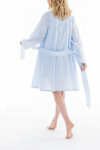 Load image into Gallery viewer, Short (100cm), robe with a classical shawl collar. Gentle lace on cuffs. The robe has belt and pocket. Made in Germany from the finest Swiss cotton, this short, diaphanous robe is a 100% pure cotton. It offers the wearer perfect cover without heaviness. Celestine garments are addictive, so watch out. Once tried, there is no turning back!  Celestine nightwear, dressing gowns and short robes drop from the shoulder, therefore one size fits all. Composition:  100% Pure Swiss Cotton Machine Washable
