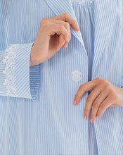 Load image into Gallery viewer, Short (100cm), robe with a classical shawl collar. Gentle lace on cuffs. The robe has belt and pocket. Made in Germany from the finest Swiss cotton, this short, diaphanous robe is a 100% pure cotton. It offers the wearer perfect cover without heaviness. Celestine garments are addictive, so watch out. Once tried, there is no turning back!  Celestine nightwear, dressing gowns and short robes drop from the shoulder, therefore one size fits all. Composition:  100% Pure Swiss Cotton Machine Washable
