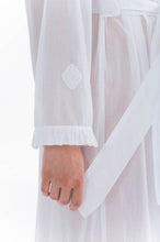 Load image into Gallery viewer, Full length (130cm), frilled collar robe.  Made in Germany from the finest mousseline, this full length, diaphanous dressing gown is a 100% pure cotton. It offers the wearer perfect cover without heaviness. Celestine garments are addictive, so watch out. Once tried, there is no turning back! Celestine nightwear, dressing gowns and short robes drop from the shoulder, therefore one size fits all.  Composition: 100% Pure Swiss Cotton Machine Washable
