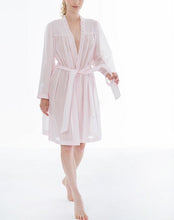 Load image into Gallery viewer, Short (102cm), Kimono Style short robe. Frilled detail on the hem edges and cuffs. The robe has belt and pocket. Made in Germany from the finest mousseline, this short, diaphanous robe is a 100% pure cotton. It offers the wearer perfect cover without heaviness. Celestine garments are addictive, so watch out. Once tried, there is no turning back! Celestine nightwear, dressing gowns and short robes drop from the shoulder, therefore one size fits all. Composition:  100% Pure Swiss Cotton Machine Washable
