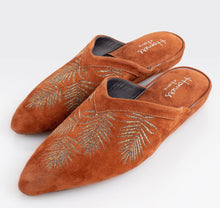 Load image into Gallery viewer, Stylish Moroccan style suede slippers. All suede upper with padded insole for extra comfort. Rubber sole for non-slip wear. Perfect for home or outerwear.  Rust Gold.
