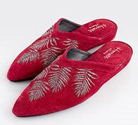 Stylish Moroccan style suede slippers. All suede upper with padded insole for extra comfort. Rubber sole for non-slip wear. Perfect for home or outerwear.  Cherry Silver.