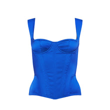 Load image into Gallery viewer, This is a beautiful, traditional corset made the French way. The Daisy Corset is in a subtle soft satin. The front is boned for perfect shaping. The back has elastic panels with central zip opening, ensuring a perfect fit.&nbsp;&nbsp;The wide straps and cupped bustline enhances the bosom and highlights the waist.&nbsp; This is a stunning garment, meant for the wearer who wants to be noticed for their style and figure. It may be worn both as underwear and outerwear.&nbsp; Made in France.  Royal Blue.
