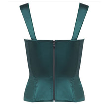 Load image into Gallery viewer, This is a beautiful, traditional corset made the French way. The Daisy Corset is in a subtle soft satin. The front is boned for perfect shaping. The back has elastic panels with central zip opening, ensuring a perfect fit.&nbsp;&nbsp;The wide straps and cupped bustline enhances the bosom and highlights the waist.&nbsp; This is a stunning garment, meant for the wearer who wants to be noticed for their style and figure. It may be worn both as underwear and outerwear.&nbsp; Made in France.  Forest Green.

