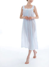 Load image into Gallery viewer, Full length (123cm) wide strap nightgown. Lace details on the square neck, wide straps &amp; hemline. Flared skirt for ease of movement when sleeping. Made in Germany from the finest pure Swiss cotton, Celestine nightdresses are diaphanous, offering perfect sleep without heaviness. Celestine nightwear, dressing gowns and short robes drop from the shoulder, therefore one size fits all.  Fabric composition:  100% Pure Swiss Cotton. 100% Guipure Cotton Lace. Machine Washable.
