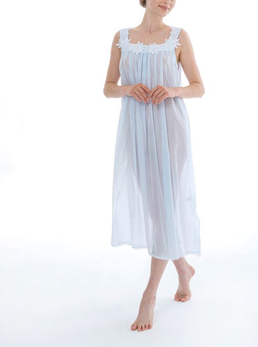 Full length (123cm) wide strap nightgown. Lace details on the square neck, wide straps & hemline. Flared skirt for ease of movement when sleeping. Made in Germany from the finest pure Swiss cotton, Celestine nightdresses are diaphanous, offering perfect sleep without heaviness. Celestine nightwear, dressing gowns and short robes drop from the shoulder, therefore one size fits all.  Fabric composition:  100% Pure Swiss Cotton. 100% Guipure Cotton Lace. Machine Washable.