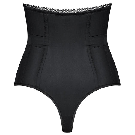 All shaping Black Satin high waisted Corset G/String. Sumptuous to wear. Smooth under clothing. Comes up high, controls the tummy while looking fabulous! Boned front and back for perfect shaping. Zipped at the front. 