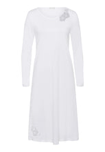 Load image into Gallery viewer, Made from 100% soft mercerised knitted cotton. This is a lovely 3/4 length long sleeve nightgown. Rounded neckline with an appliqué lace inset at the neck &amp; front hem. Perfect item for lounging or sound sleep. Deliciously comfortable for sleeping and lounging.  Length: 110cm  Composition: 100% Pure Cotton 100% Polyester Lace  Made in Europe Machine washable. Pure White.

