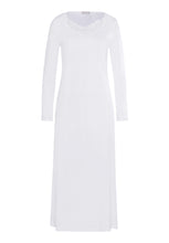Load image into Gallery viewer, Made from 100% soft mercerised knitted cotton. This is a lovely full length long sleeve nightgown. Gently rounded neckline with a delicate appliqué lace detail. Deliciously comfortable for sleeping and lounging.  Length: 130cm  Composition: 100% Pure Cotton 100% Polyester Lace  Made in Europe Machine washable. Pure White.
