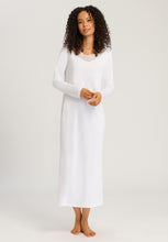 Load image into Gallery viewer, Made from 100% soft mercerised knitted cotton. This is a lovely full length long sleeve nightgown. Gently rounded neckline with a delicate appliqué lace detail. Deliciously comfortable for sleeping and lounging.  Length: 130cm  Composition: 100% Pure Cotton 100% Polyester Lace  Made in Europe Machine washable. Soft White.
