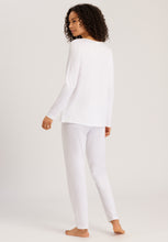Load image into Gallery viewer, Made from 100% soft mercerised knitted cotton, Rounded neckline with an appliqué lace inset at the neck &amp; front hem. Perfect item for lounging or sound sleep. Gentle rounded collar, long sleeves and with loose fitting trousers, elasticated at the waist.  Composition: 100% Pure Cotton 100% Polyester Lace  Made in Europe Machine washable. Pure White.
