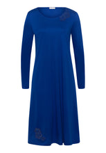 Load image into Gallery viewer, Made from 100% soft mercerised knitted cotton. This is a lovely 3/4 length long sleeve nightgown. Rounded neckline with an appliqué lace inset at the neck &amp; front hem. Perfect item for lounging or sound sleep. Deliciously comfortable for sleeping and lounging.  Length: 110cm  Composition: 100% Pure Cotton 100% Polyester Lace. Indigo Blue.
