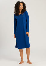 Load image into Gallery viewer, Made from 100% soft mercerised knitted cotton. This is a lovely 3/4 length long sleeve nightgown. Rounded neckline with an appliqué lace inset at the neck &amp; front hem. Perfect item for lounging or sound sleep. Deliciously comfortable for sleeping and lounging.  Length: 110cm  Composition: 100% Pure Cotton 100% Polyester Lace. Indigo Blue.
