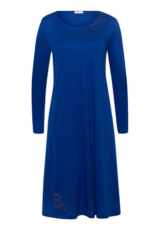 Made from 100% soft mercerised knitted cotton. This is a lovely 3/4 length long sleeve nightgown. Rounded neckline with an appliqué lace inset at the neck & front hem. Perfect item for lounging or sound sleep. Deliciously comfortable for sleeping and lounging.  Length: 110cm  Composition: 100% Pure Cotton 100% Polyester Lace. Indigo Blue.