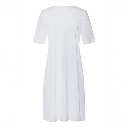 Embrace modern comfort with Hanro Cotton Silk Short-Sleeved Nightdress. This piece features a soft, mercerised cotton interlock construction, enhanced by subtle silk details. The short sleeves and ideal length of 90cm makes it perfect for a stylish and comfortable night's rest or relaxed lounging.