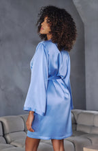 Load image into Gallery viewer, Short, (knee length) beautiful heavy weight Pure Silk robe in a Sky blue colour. With a belt at the waist and a side pocket.

