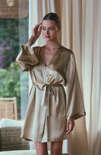 Load image into Gallery viewer, Short, (knee length) beautiful heavy weight Pure Silk robe in a Bone colour. With a belt at the waist and a side pocket.
