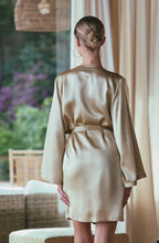 Load image into Gallery viewer, Short, (knee length) beautiful heavy weight Pure Silk robe in a Bone colour. With a belt at the waist and a side pocket.

