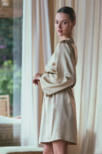 Load image into Gallery viewer, Short, (knee length) beautiful heavy weight Pure Silk robe in a Bone colour. With a belt at the waist and a side pocket.


