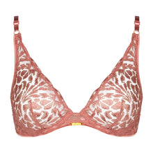 Load image into Gallery viewer, Combining comfort and seduction, the Aubade Crazy in Love underwire triangle bra unfolds its embroidery while playing transparency high on the bust for a very sexy deep neckline. At the base of the gore and on the shoulders, golden details echo the brilliance of the material for a bewitching silhouette.
