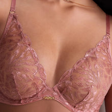 Load image into Gallery viewer, Combining comfort and seduction, the Aubade Crazy in Love underwire triangle bra unfolds its embroidery while playing transparency high on the bust for a very sexy deep neckline. At the base of the gore and on the shoulders, golden details echo the brilliance of the material for a bewitching silhouette.
